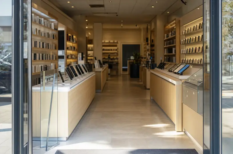 Interior de una tienda de celulares grande con dos mostradores de atención