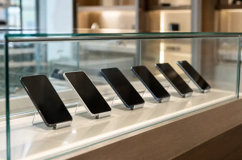 Vitrina de una tienda de celulares con varios equipos reacondicionados en exhibición